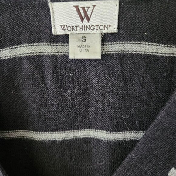 WORTHINGTON Vintage Short Sleeve Cardigan Striped Sweater Black & Grey Sz S - Picture 7 of 8